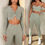 women workout zipper long sleeve tops suit halter sport bra and shorts 5 piece yoga leggings set - Allen-Fitness