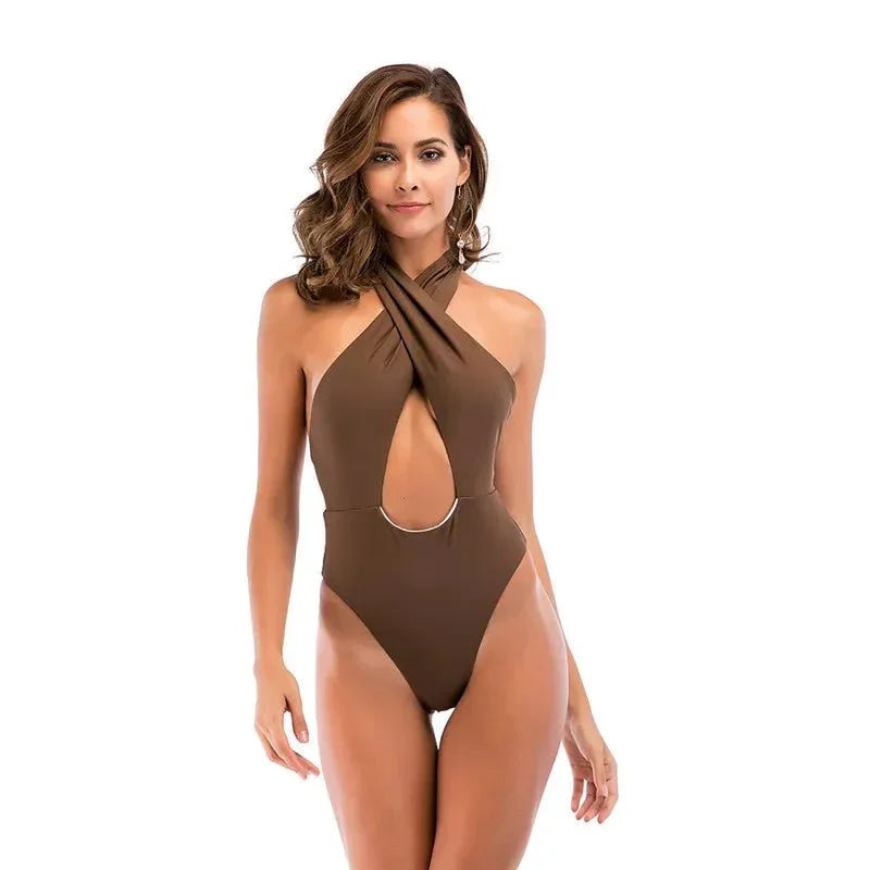 Sexy Lady Hanging Neck One-Piece Swimsuit - Solid Color - Womens Swimwear - Allen-Fitness