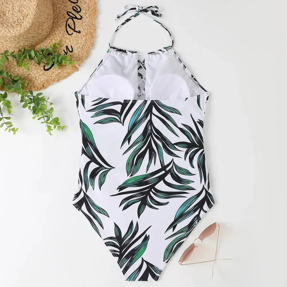 Hot Summer One Piece Swimsuit Sexy Floral Printed Women Halter Lace Up Swimwear Bathing Suit - Allen-Fitness