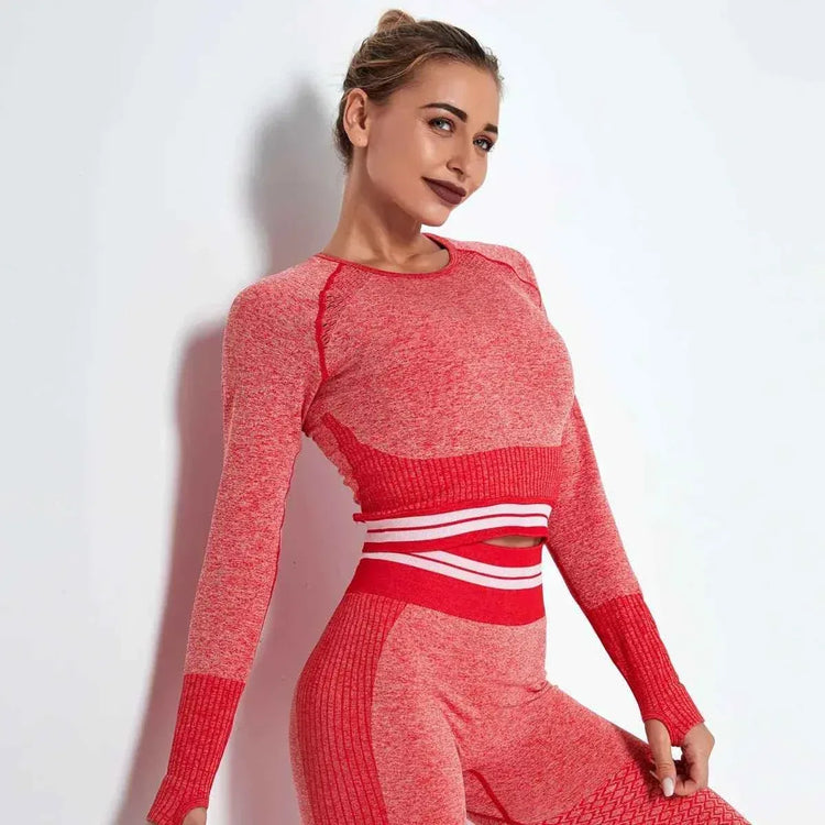 Women's Waist Stripe Seamless Yoga Top for Gym - Long Sleeve Fitness Leggings Shirt - Allen-Fitness