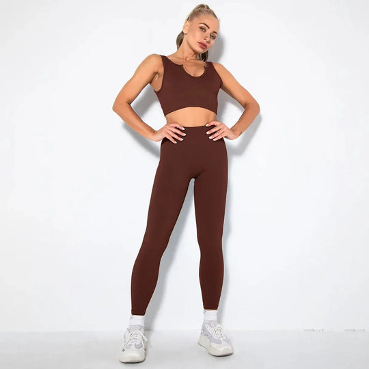 Summer Seamless Fitness Set - Sexy UV Neck Top With Leggings Activewear 2 Piece Women’s Gym Outfit - Allen-Fitness