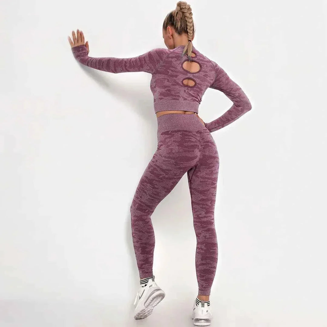 Women’s Camouflage Activewear Yoga Suit - 2 Pc Backless Long Sleeve Top &amp; Seamless Leggings Set - Workout Clothes for Women - Allen-Fitness