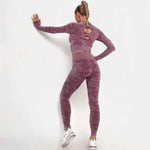 Women’s Camouflage Activewear Yoga Suit - 2 Pc Backless Long Sleeve Top & Seamless Leggings Set - Workout Clothes for Women - Allen-Fitness