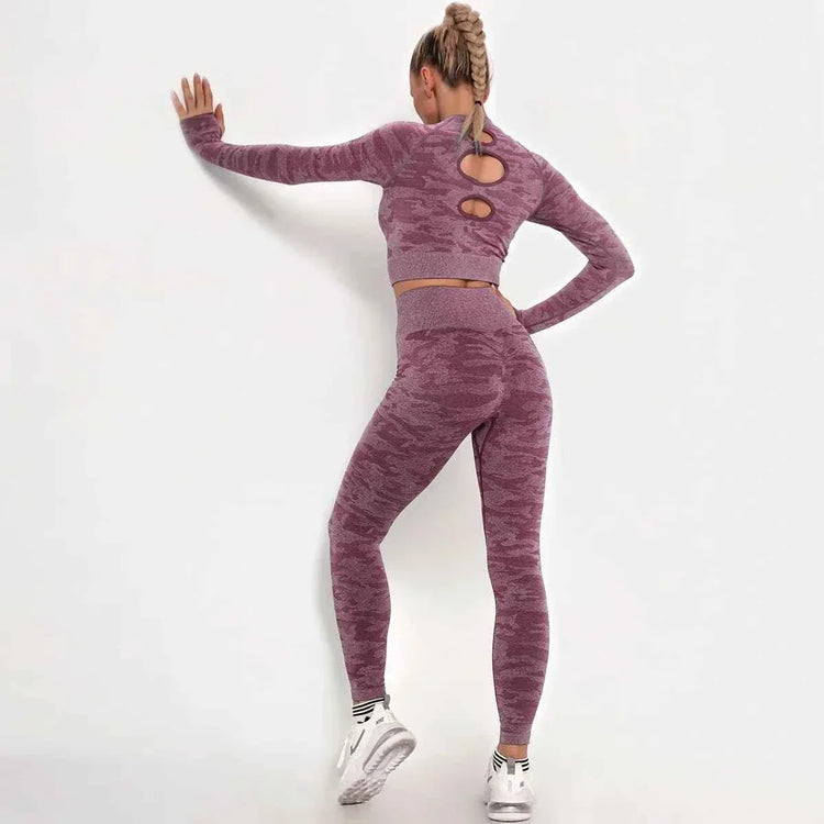 Women’s Camouflage Activewear Yoga Suit - 2 Pc Backless Long Sleeve Top & Seamless Leggings Set - Workout Clothes for Women - Allen-Fitness