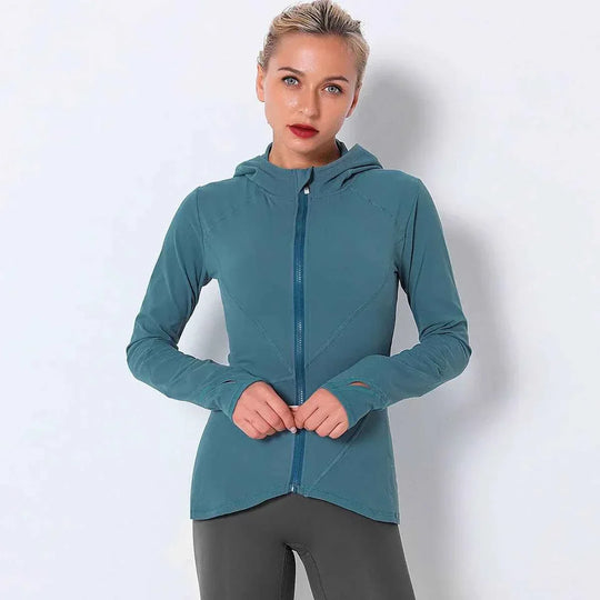 Women Autumn Zipper Design Long Sleeve Gym Fitness Running Jogger Outfit With Hood - Allen-Fitness