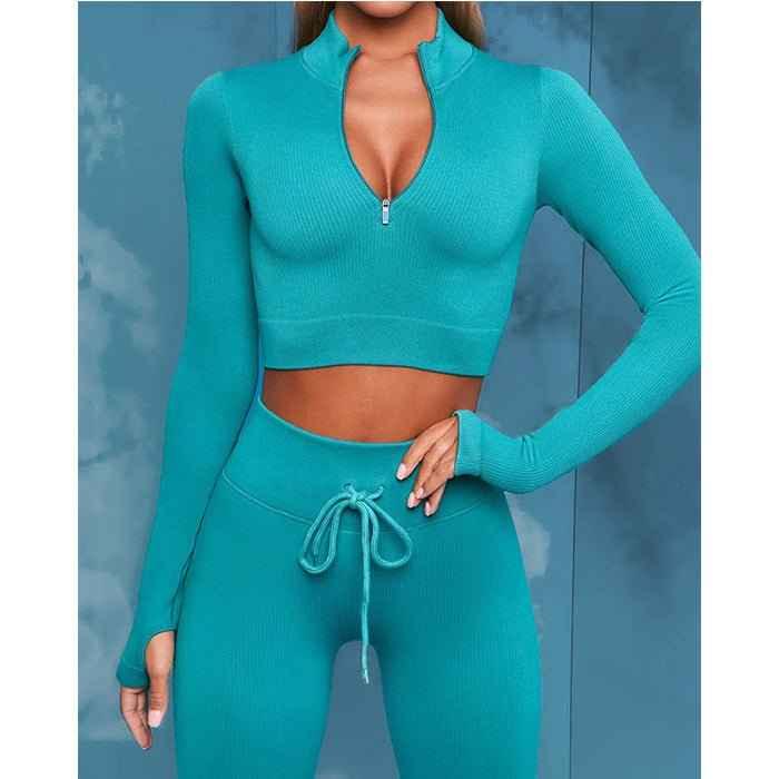 Front Zip Long Sleeve Crop Top Seamless Ribbed Texture Full Length High Waist Workout Fitness Legging workout clothes set - Allen-Fitness