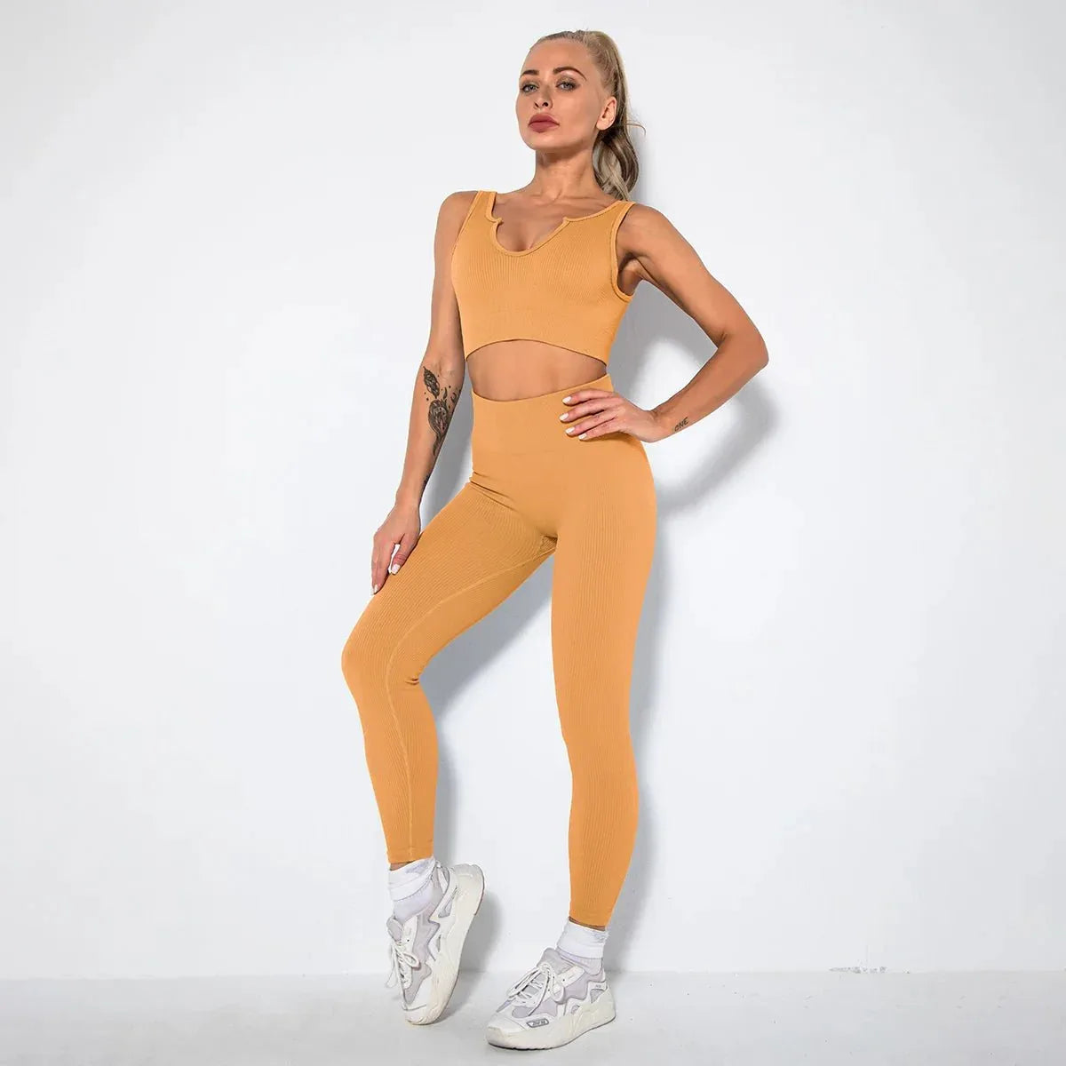 Summer Seamless Fitness Set - Sexy UV Neck Top With Leggings Activewear 2 Piece Women’s Gym Outfit - Allen-Fitness