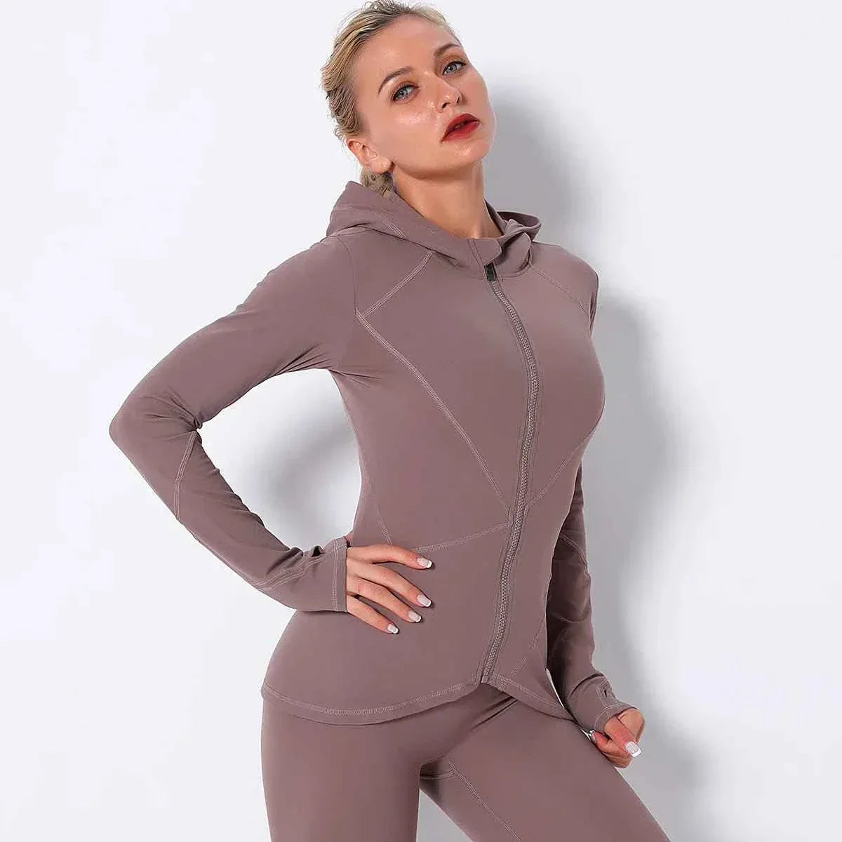 Women Autumn Zipper Design Long Sleeve Gym Fitness Running Jogger Outfit With Hood - Allen-Fitness