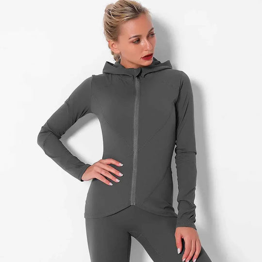 Women Autumn Zipper Design Long Sleeve Gym Fitness Running Jogger Outfit With Hood - Allen-Fitness