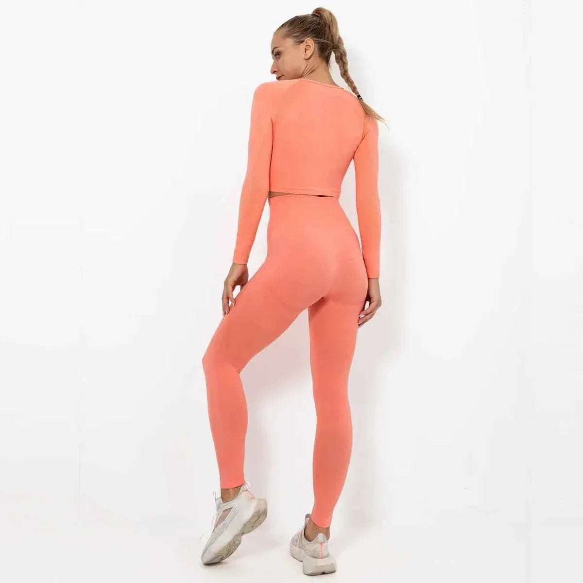 Women Seamless Long Sleeve Top And Leggings Set Yoga Workout Suit - Allen-Fitness