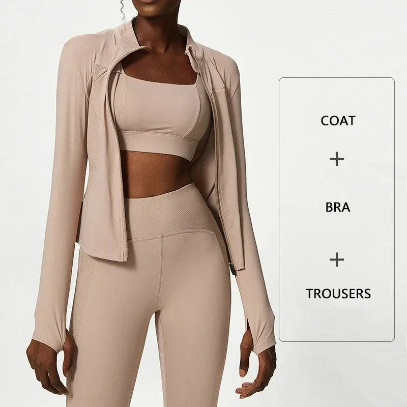 Plus Size Three-piece Athletic Wear Woman Xxl Size Sports Bra And Leggings Ladies Sexy Zipper Jacket Fitness Clothes Workout Set - Allen-Fitness