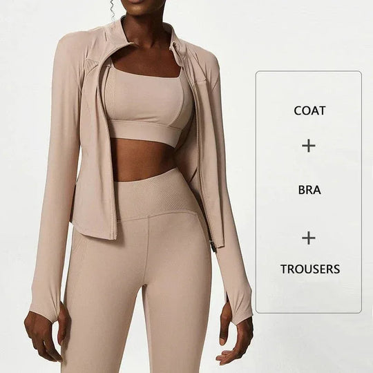 Plus Size Three-piece Athletic Wear Woman Xxl Size Sports Bra And Leggings Ladies Sexy Zipper Jacket Fitness Clothes Workout Set - Allen-Fitness