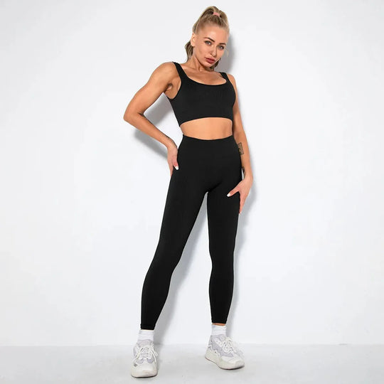 Summer Seamless Fitness Set - Sexy UV Neck Top With Leggings Activewear 2 Piece Women’s Gym Outfit - Allen-Fitness