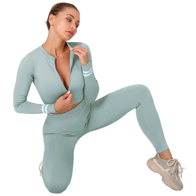 Zipper Sweatshirt Long Sleeve Suit Fitness Suit for Women 2 Pieces Outfits New Gym Sports Tight Long Sleeve Suit Fitness Yoga - Allen-Fitness