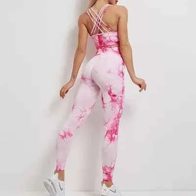 Yoga set Womens Best Selling High Waist Leggings And Bra Top Tie Dye seamless yoga set - Allen-Fitness