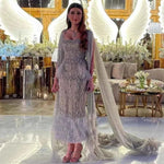 Gray Mermaid Arabic Evening Dress with Cape - Luxurious Feather Cape & Elegant Design - Women Wedding Party Dress - Allen-Fitness