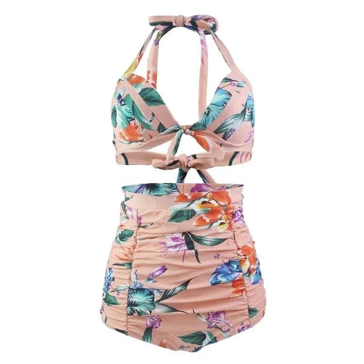 Plus size two piece swimwear hanging neck front bow swimwear women high waist digital prints Vintage Swimsuits - Allen-Fitness