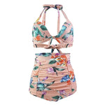 Plus size two piece swimwear hanging neck front bow swimwear women high waist digital prints Vintage Swimsuits - Allen-Fitness