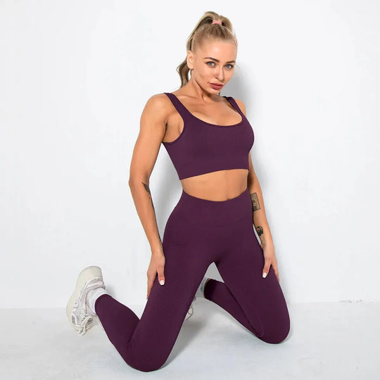 Summer Seamless Fitness Set - Sexy UV Neck Top With Leggings Activewear 2 Piece Women’s Gym Outfit - Allen-Fitness