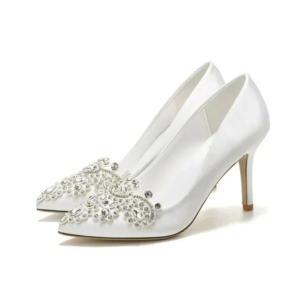 Women Wedding Shoes Point Toe Rhinestone Buckle Stilettos Ladies Banquet Women Pump Spring Autumn 7cm-9cm Satin High Heel Pumps - Allen-Fitness