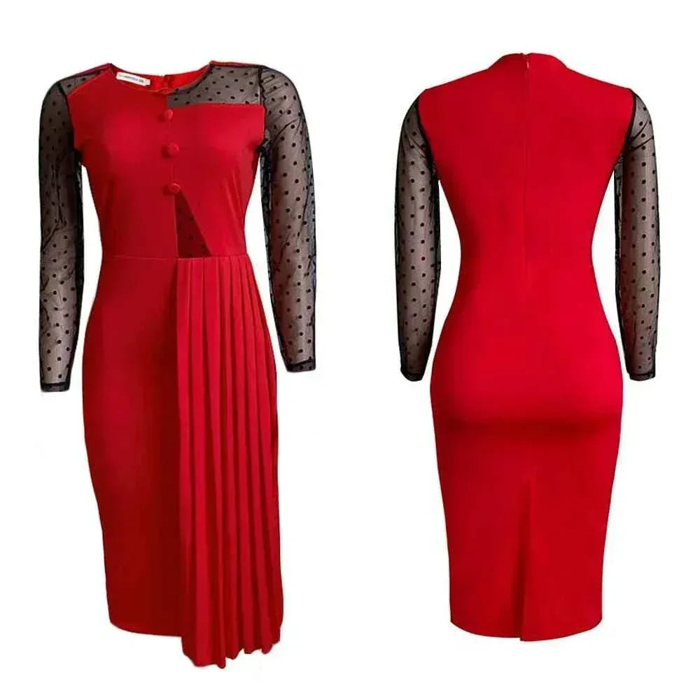 Fashion Mesh Splicing Slim Warp Hip Split Women Office Dress - Allen-Fitness