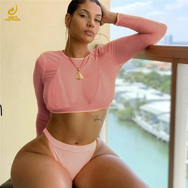 Three-Piece Plus Size Swimwear Set with Long-Sleeve Cover-Up - Allen-Fitness