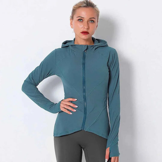 Women Autumn Zipper Design Long Sleeve Gym Fitness Running Jogger Outfit With Hood - Allen-Fitness