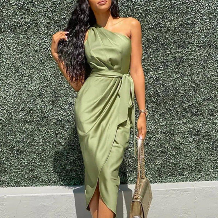 one shoulder bodycon dress satin surplice ruched casual women dress elegant - Allen-Fitness