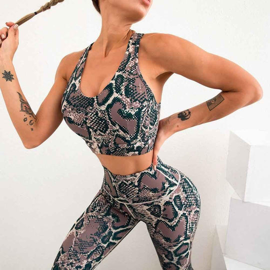 Snake Print High Waist Compression Workout Leggings and Bra Set - Yoga Clothing - Allen-Fitness