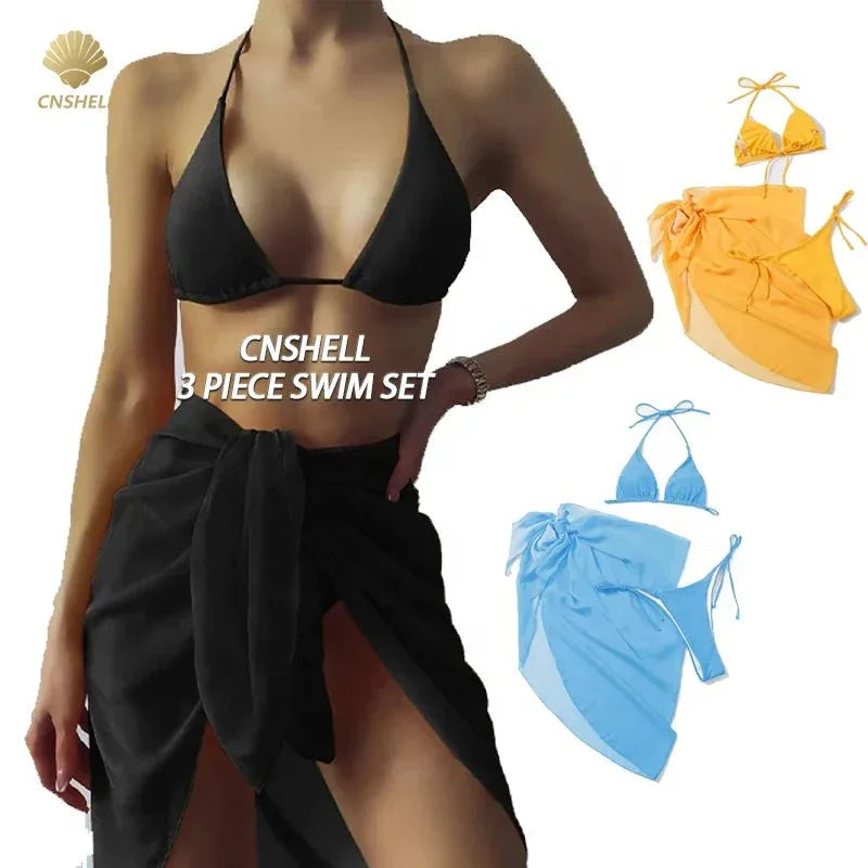 Hot Basic 3-Piece Halter Swimsuit Bikini Set - Two Piece Design - Swimwear - Allen-Fitness