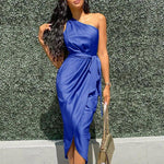 one shoulder bodycon dress satin surplice ruched casual women dress elegant - Allen-Fitness