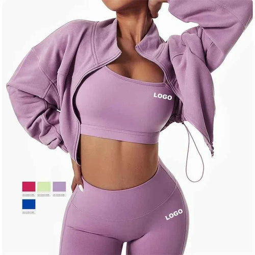 New Fitness Gym Sets 3-Piece Long Sleeve Hoodie Tracksuit Bra Leggings Workout Apparel Yoga Set for Women