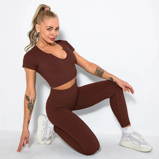 Summer Seamless Fitness Set - Sexy UV Neck Top With Leggings Activewear 2 Piece Women’s Gym Outfit - Allen-Fitness