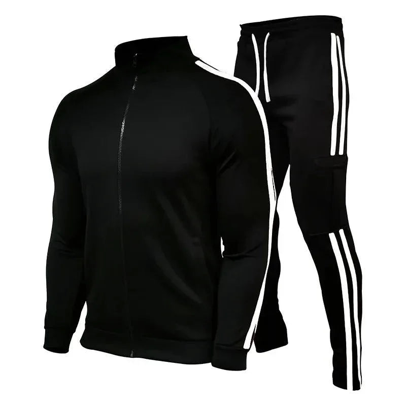 Men's Jogging Plus Size Sport Set with Three Stripes Zippered Collar - Outdoor Fitness Suit - Allen-Fitness
