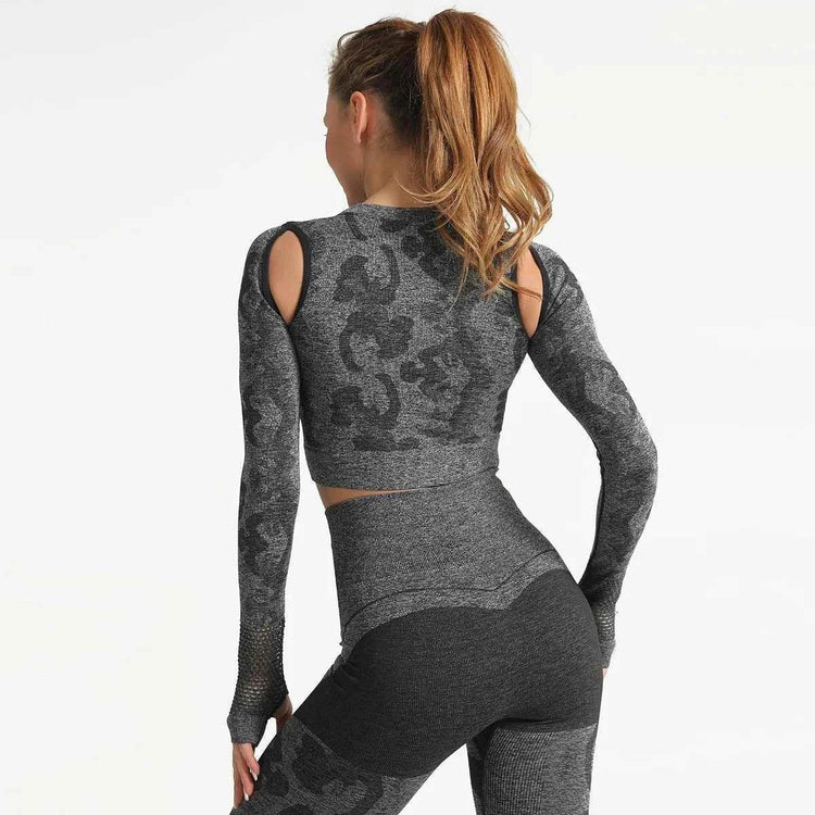 Summer Long Sleeve Crop Top Women Fitness Gym Yoga Sports Camouflage Seamless Breathable Yoga Top - Allen-Fitness