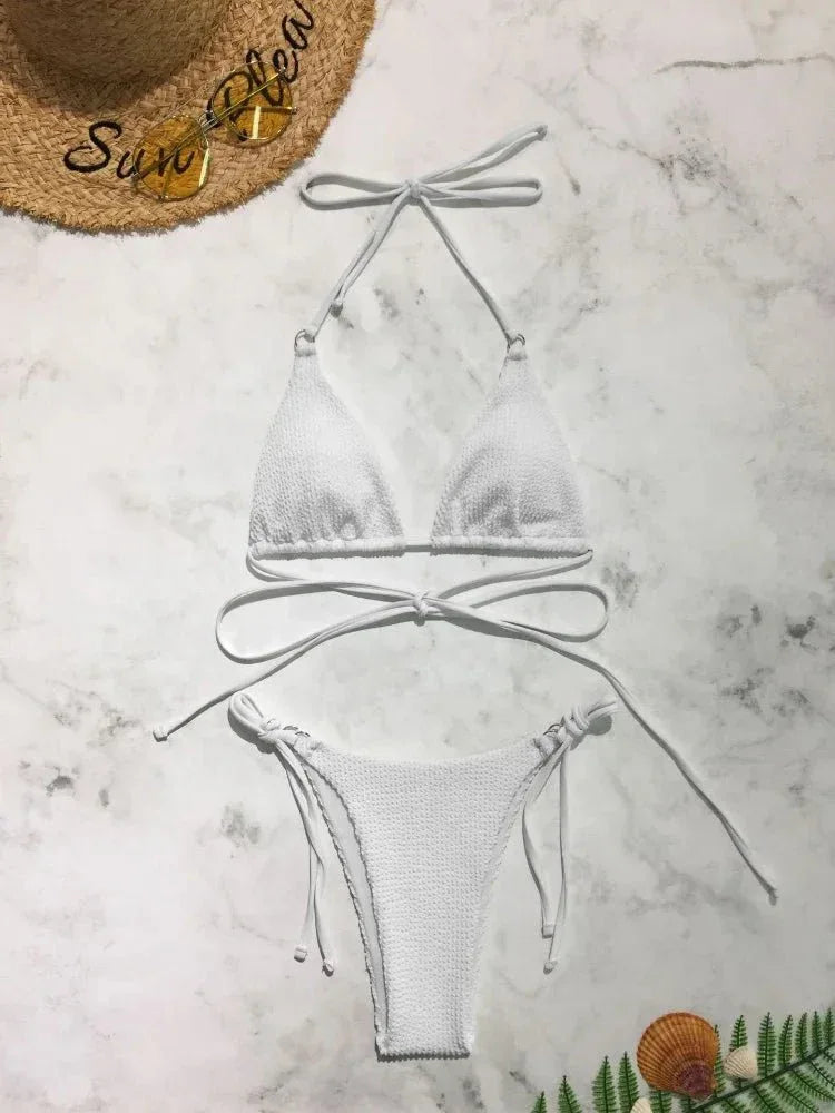 Summer Women Solid Sexy Ladies Split Nylon Swimsuit Beach Wearing Swimwear Two Piece Triangle Thong Ribbed Micro Bikini Set - Allen-Fitness