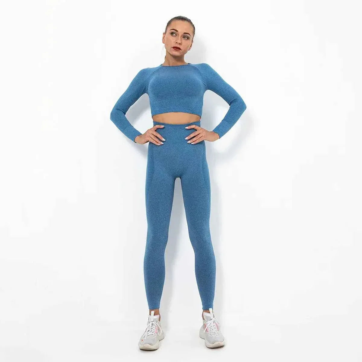 Women Seamless Long Sleeve Top And Leggings Set Yoga Workout Suit - Allen-Fitness