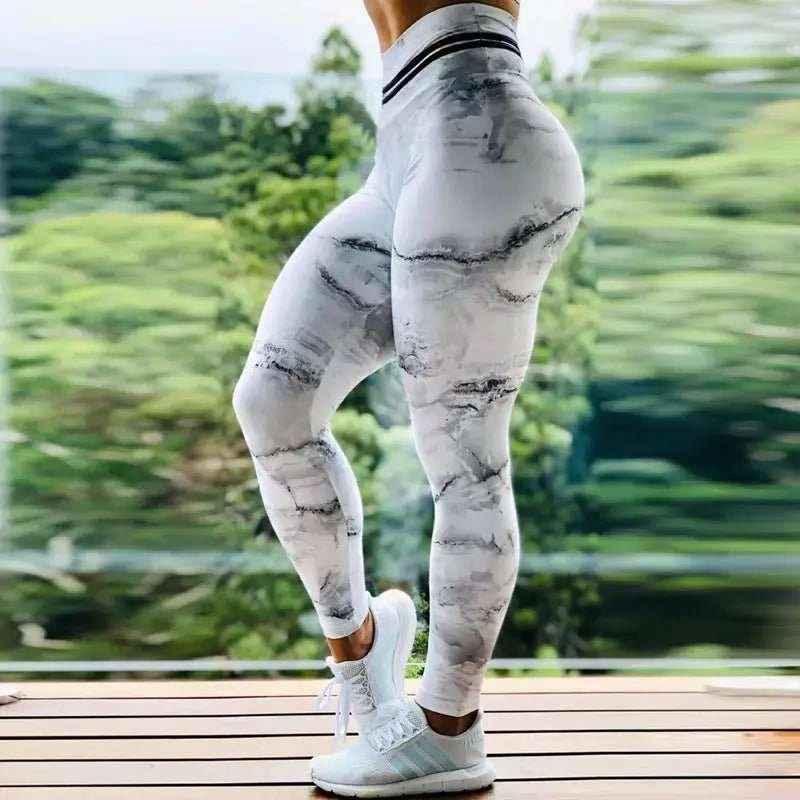 High-Waisted Compression Leggings - Stylish Gym Wear for Women with Marble Print & Moisture-Wicking - Allen-Fitness