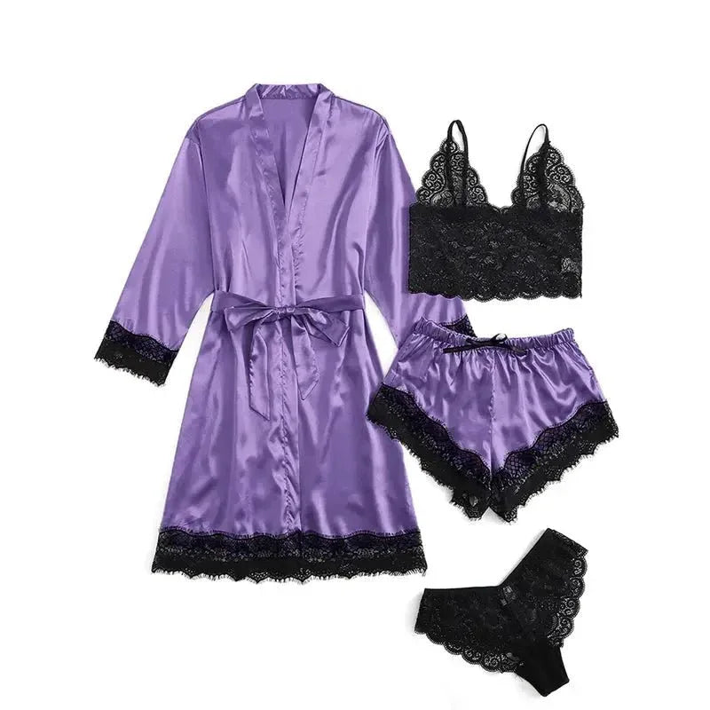 NANTEX OEM Nightwear Robe Femme Silk Pyjama Satin Sleepwear Women 4 Pieces Lace Pajamas Sexy Lingerie Set - Allen-Fitness