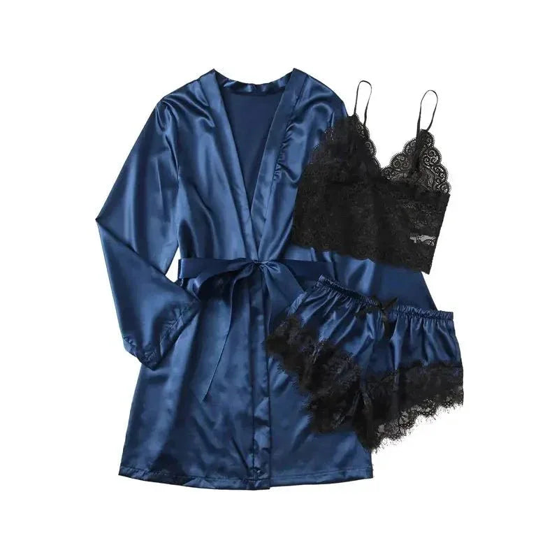 NANTEX OEM Nightwear Robe Femme Silk Pyjama Satin Sleepwear Women 4 Pieces Lace Pajamas Sexy Lingerie Set - Allen-Fitness
