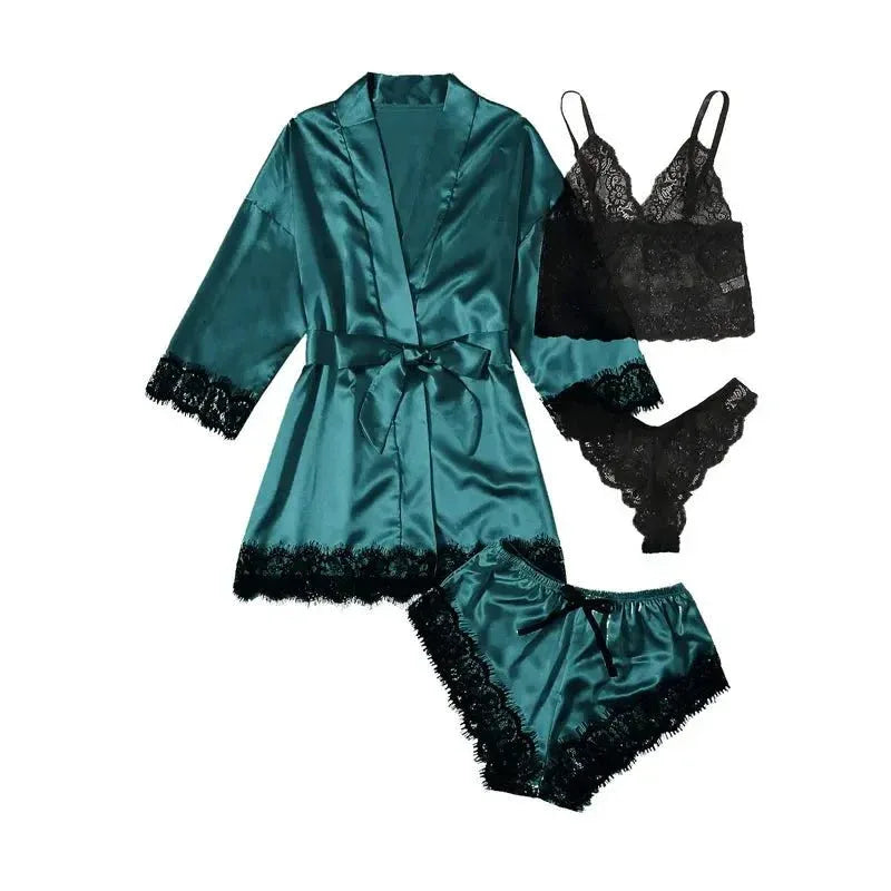 NANTEX OEM Nightwear Robe Femme Silk Pyjama Satin Sleepwear Women 4 Pieces Lace Pajamas Sexy Lingerie Set - Allen-Fitness
