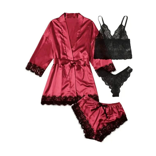 NANTEX OEM Nightwear Robe Femme Silk Pyjama Satin Sleepwear Women 4 Pieces Lace Pajamas Sexy Lingerie Set - Allen-Fitness