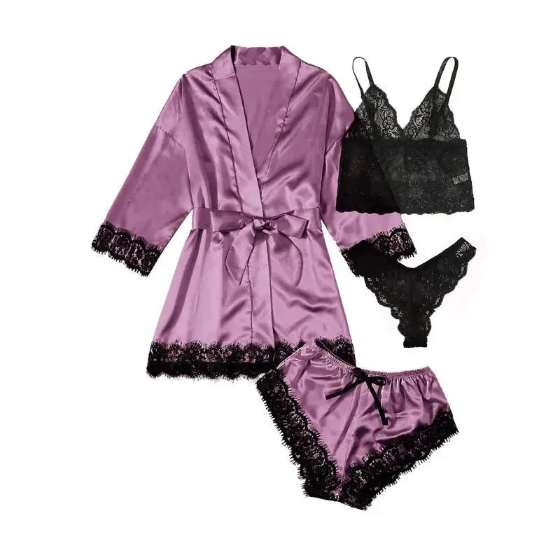 NANTEX OEM Nightwear Robe Femme Silk Pyjama Satin Sleepwear Women 4 Pieces Lace Pajamas Sexy Lingerie Set - Allen-Fitness