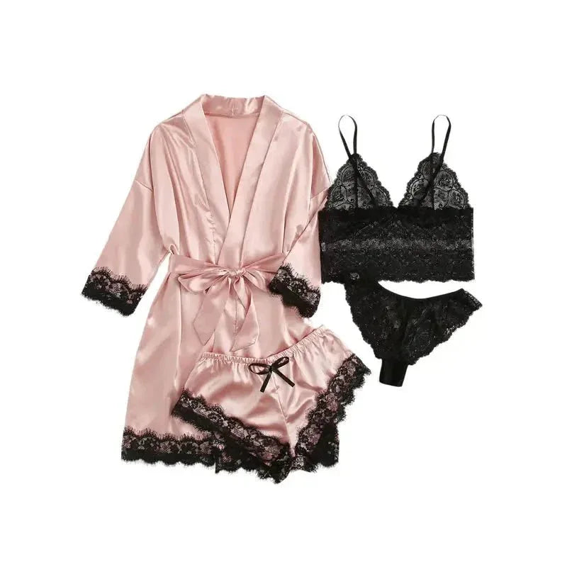 NANTEX OEM Nightwear Robe Femme Silk Pyjama Satin Sleepwear Women 4 Pieces Lace Pajamas Sexy Lingerie Set - Allen-Fitness