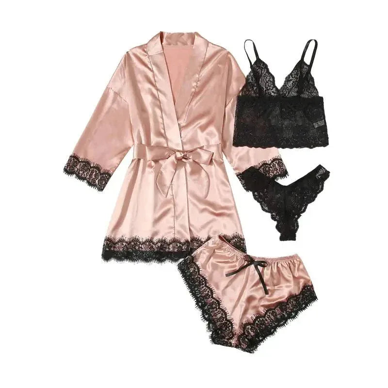 NANTEX OEM Nightwear Robe Femme Silk Pyjama Satin Sleepwear Women 4 Pieces Lace Pajamas Sexy Lingerie Set - Allen-Fitness