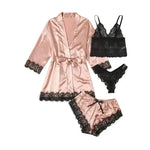NANTEX OEM Nightwear Robe Femme Silk Pyjama Satin Sleepwear Women 4 Pieces Lace Pajamas Sexy Lingerie Set - Allen-Fitness