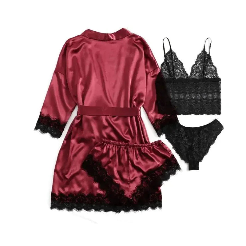 NANTEX OEM Nightwear Robe Femme Silk Pyjama Satin Sleepwear Women 4 Pieces Lace Pajamas Sexy Lingerie Set - Allen-Fitness