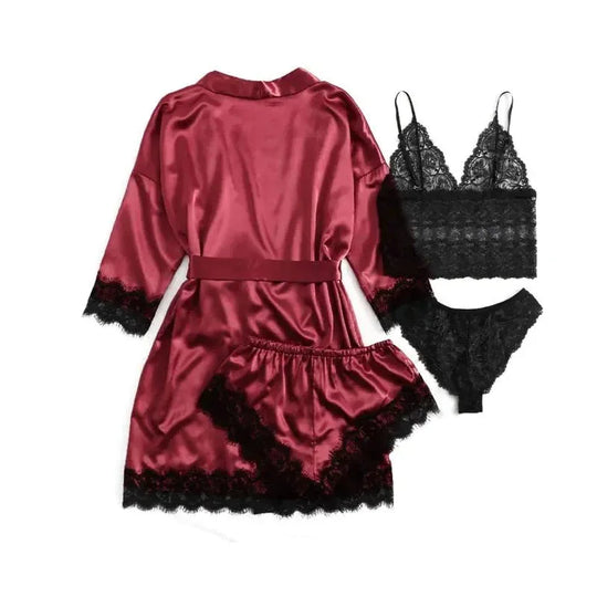 NANTEX OEM Nightwear Robe Femme Silk Pyjama Satin Sleepwear Women 4 Pieces Lace Pajamas Sexy Lingerie Set - Allen-Fitness