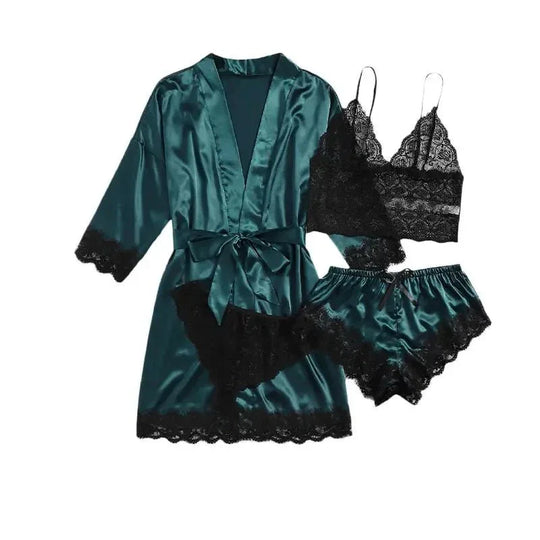 NANTEX OEM Nightwear Robe Femme Silk Pyjama Satin Sleepwear Women 4 Pieces Lace Pajamas Sexy Lingerie Set - Allen-Fitness