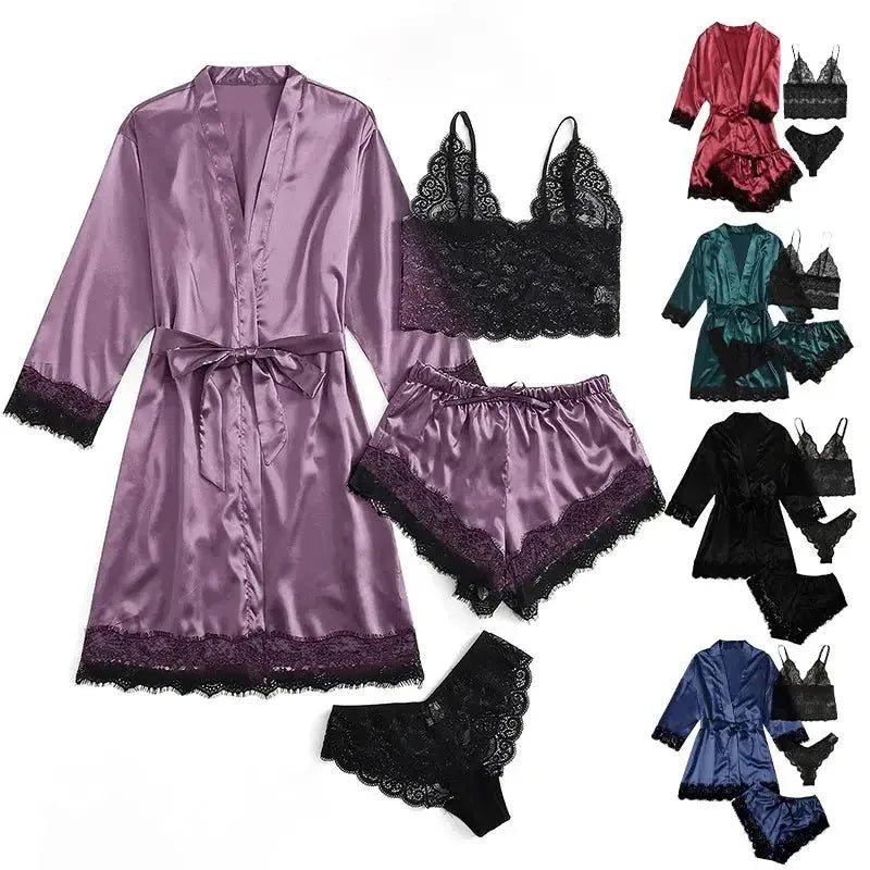 NANTEX OEM Nightwear Robe Femme Silk Pyjama Satin Sleepwear Women 4 Pieces Lace Pajamas Sexy Lingerie Set - Allen-Fitness